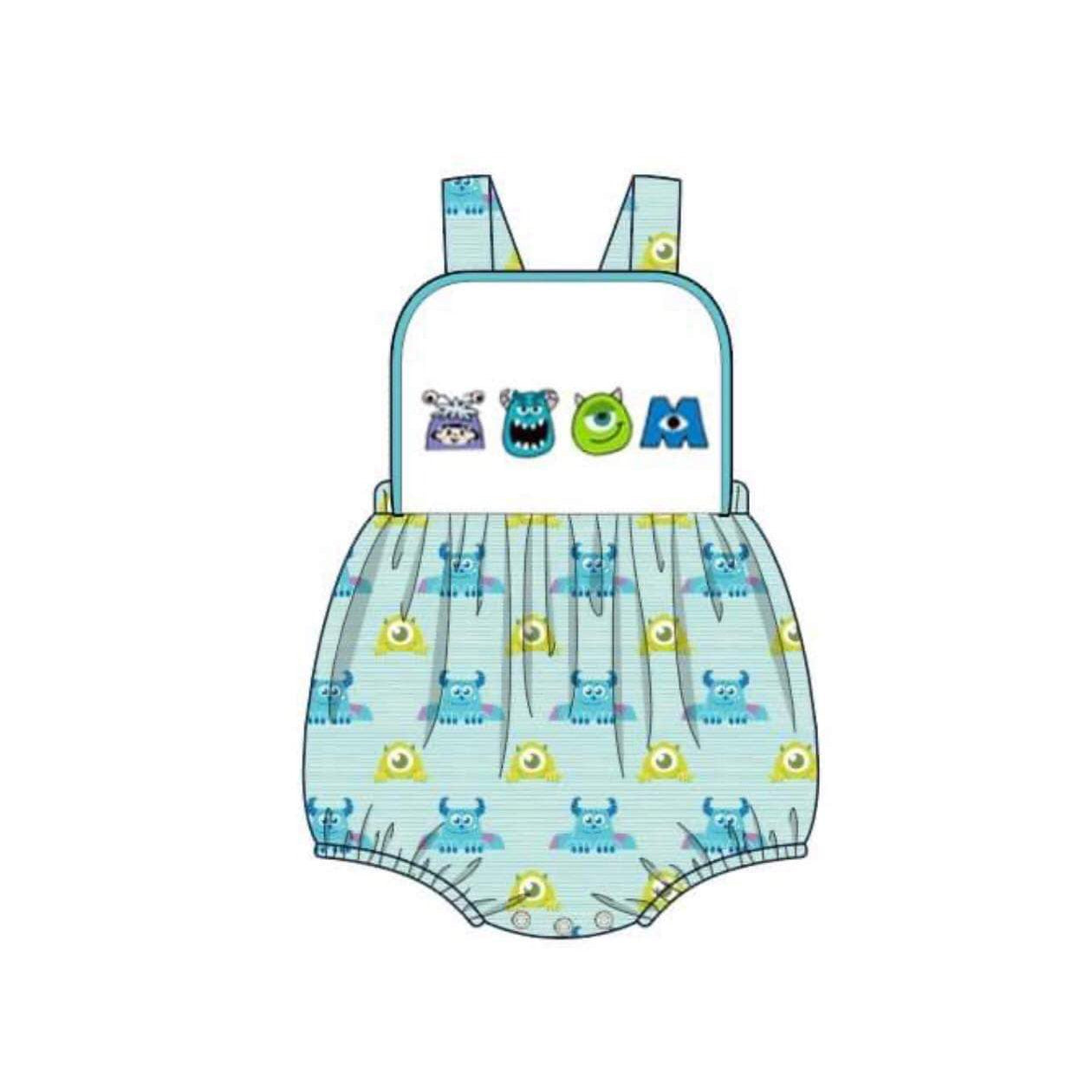 custom S cute monster sky blue sleeveless baby romper