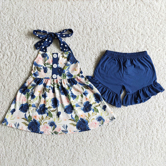 D7-19 Navy Summer Floral Print Baby Girls Outfits