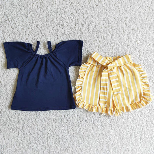 D4-28 Navy Short Sleeve Match Yellow Striped Print Girls Set