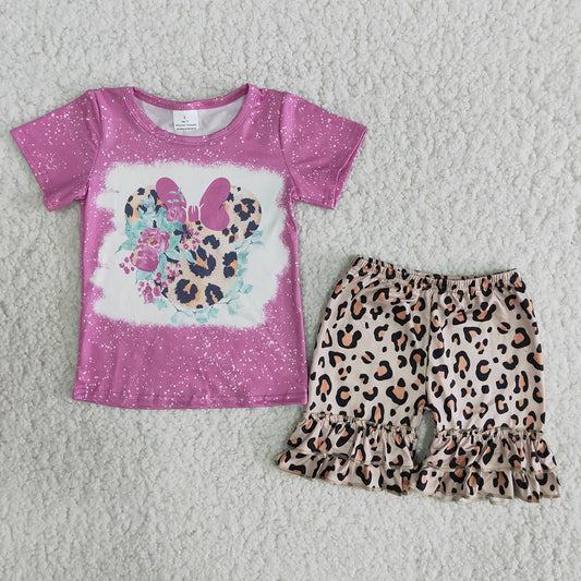 Purple Bleach Design Cartoon Leopard Print Girls Set