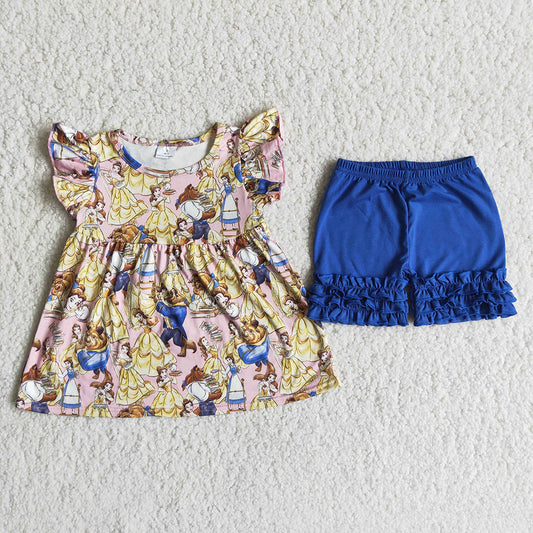 Princess Adorable Cartoon Girls Blue Shorts Kids Set