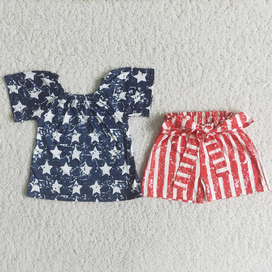 D13-29 4th Of July Striped Print Shorts Girls Set