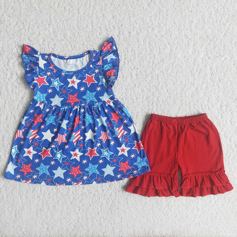 A15-21 4th Of July Stars Print Match Red Shorts Girls Outfits