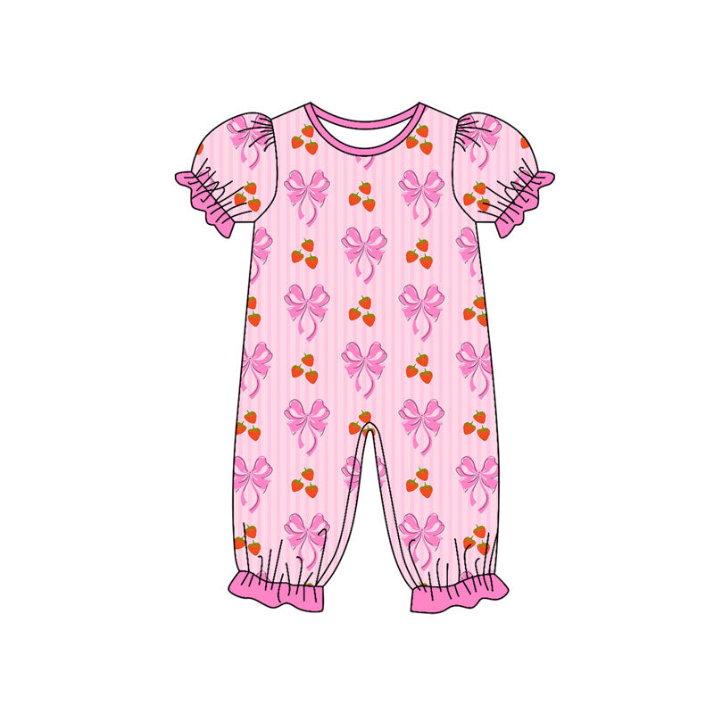 Custom moq 20 strawberry bows hot pink striped short sleeve girls romper