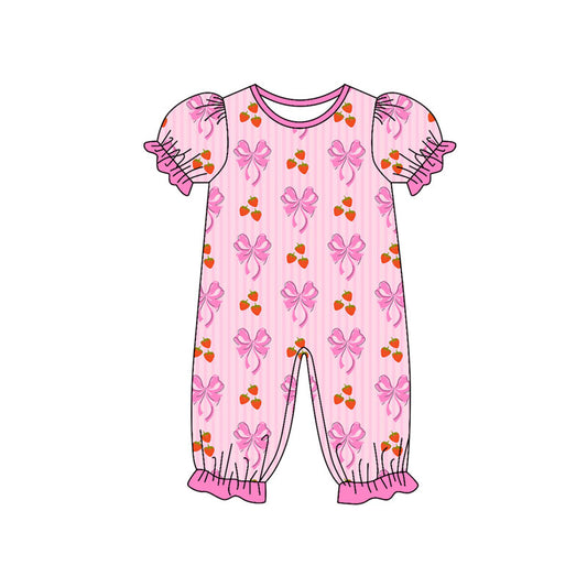Custom moq 20 strawberry bows hot pink striped short sleeve girls romper