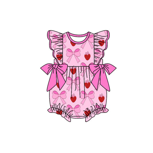 custom moq 5 strawberry pink bows flutter sleeve girls romper