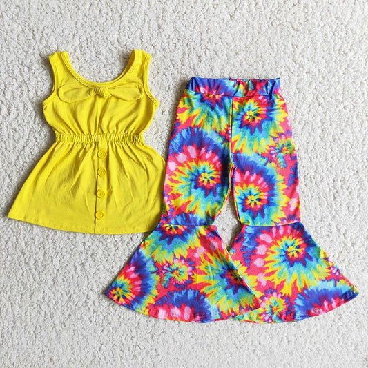 A17-24 Yellow Top Match Tie Dye Bell Pants Girls Set