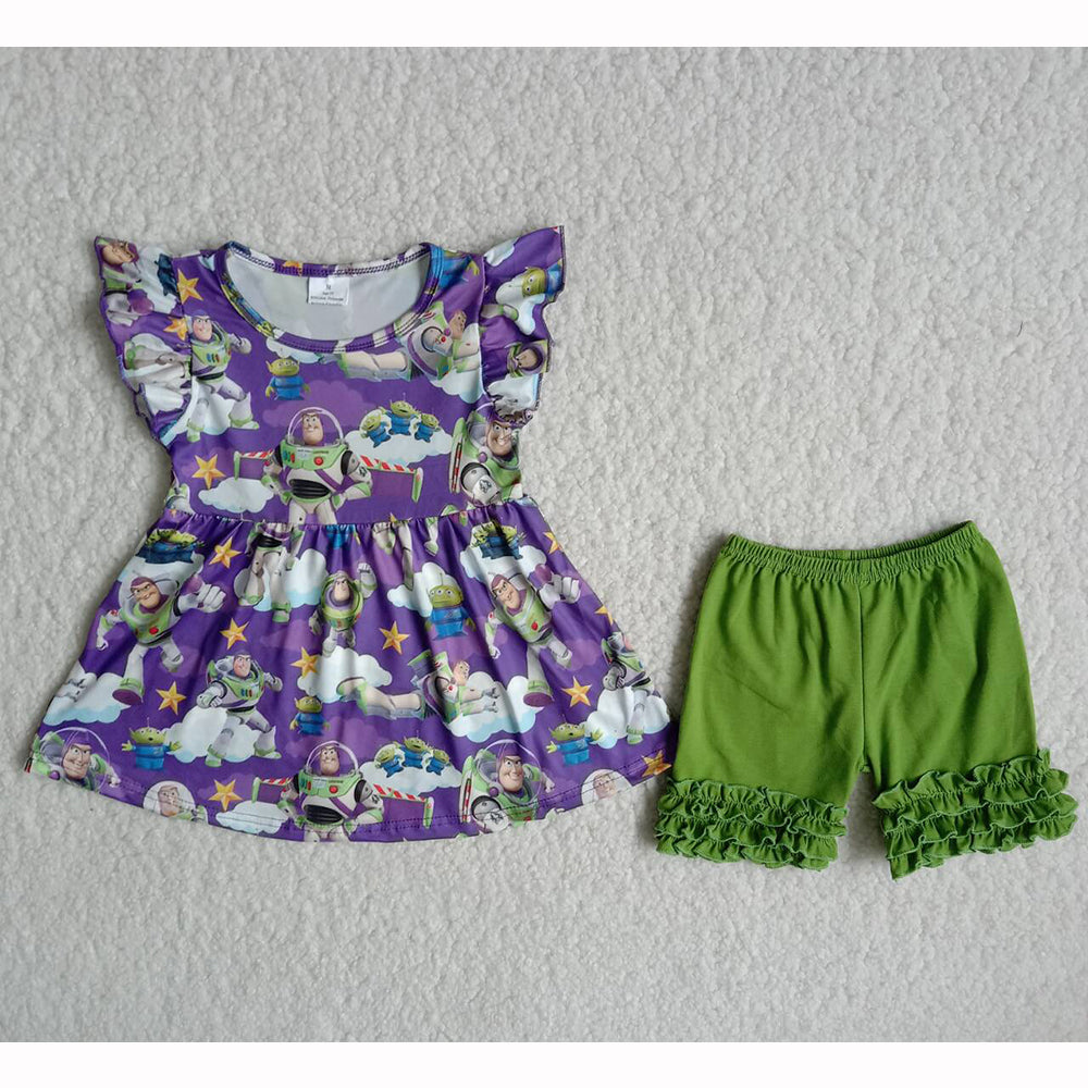 Purple Cartoon Shirts Match Green Shorts Kids Set