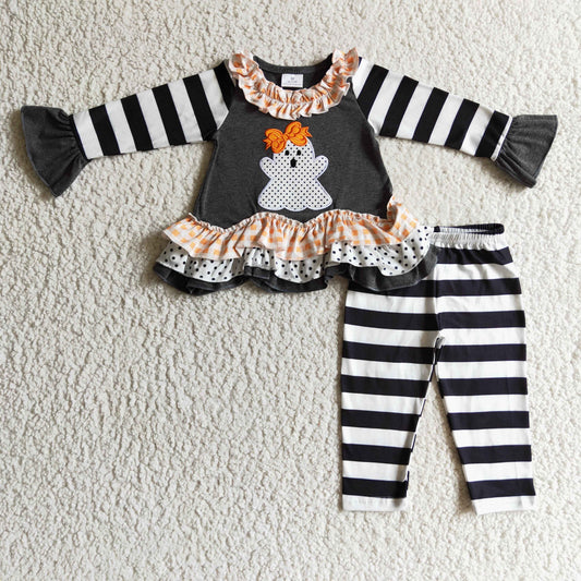 GLP0180 Embroidery Ghost Halloween Striped Print Girls Set