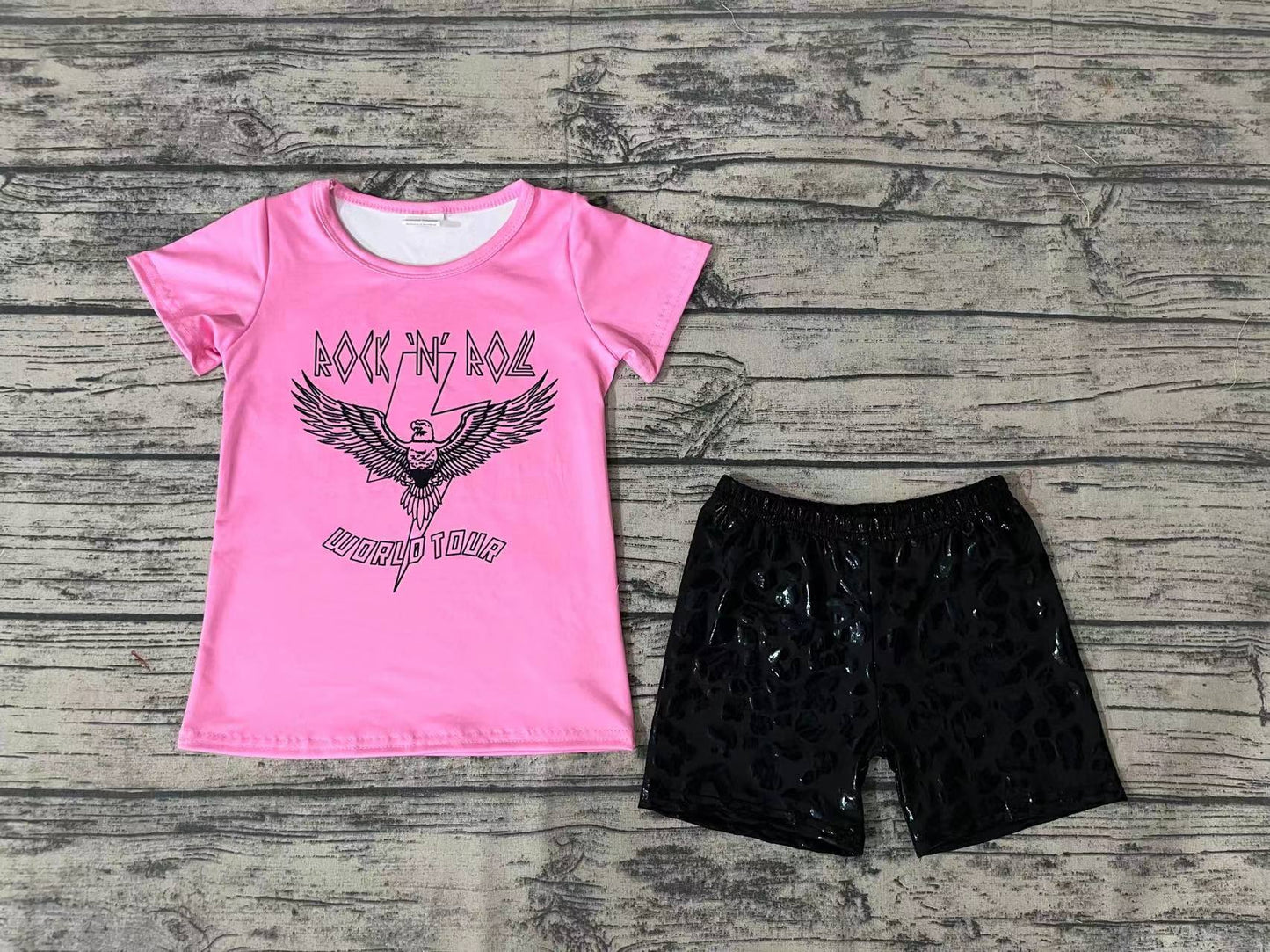 GSSO0316 Pink Short Sleeve World Black Leopard Print Shorts Girl Set