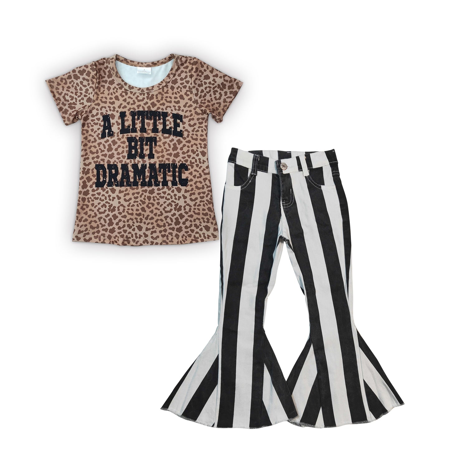 GSPO0640 A Little Bit Dramatic Leopard Print Black Striped Print Denim Jeans Girls Set