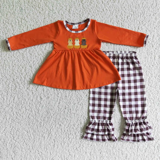 GLP0026 Fall Embroidery Pumpkin Dogs Girls Set