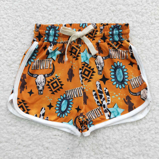 SS0090 Cow Skull Aztec Kids Summer Sport Shorts