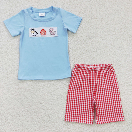 BSSO0181 Farm Blue Embroidery Red Shorts Boys Summer Set