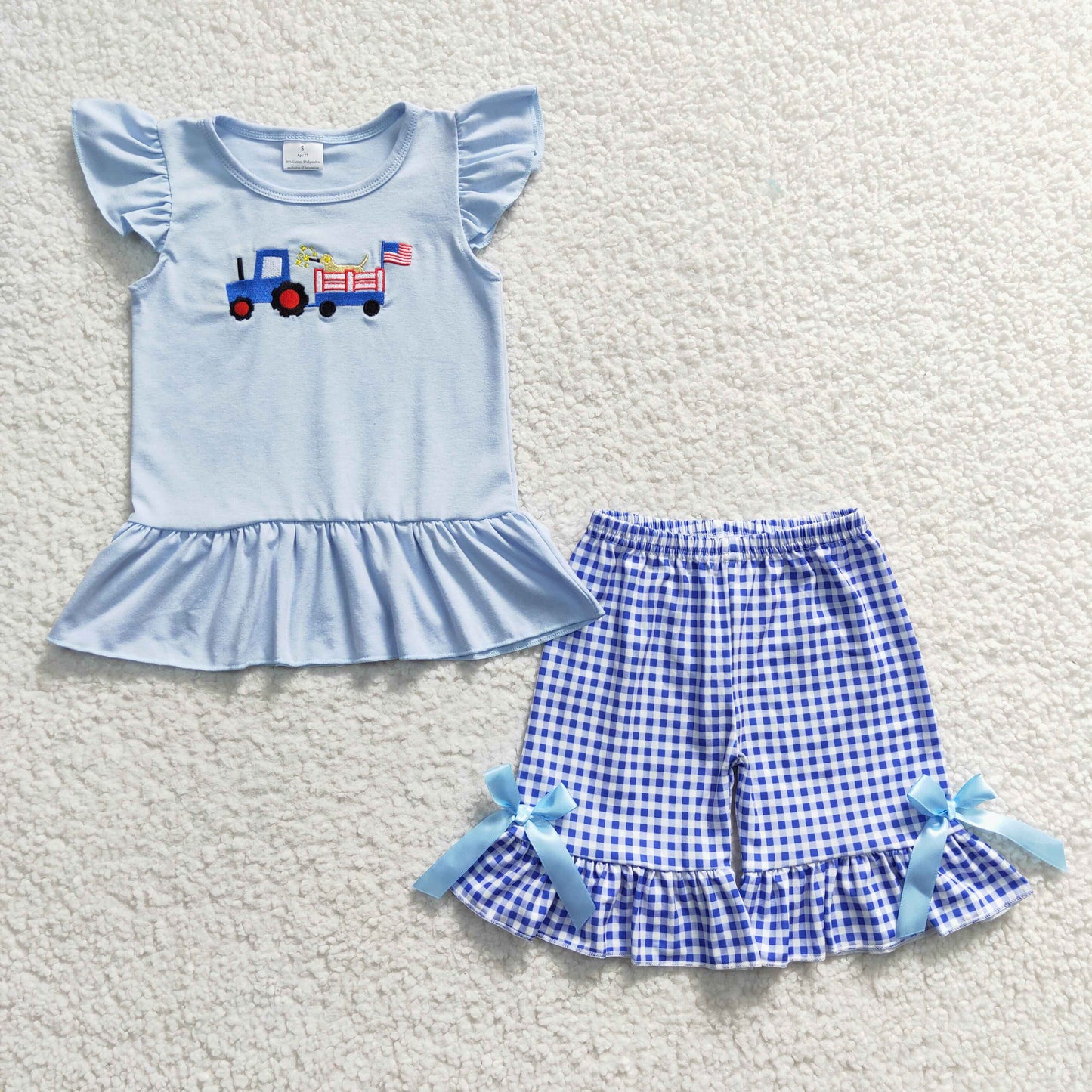 GSSO0206 Girls 4th Of July Blue Embroidery Dog Kids Summer Set