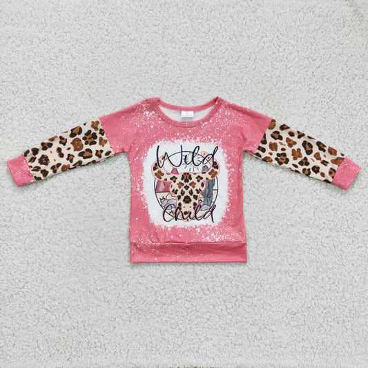 GT0083 Pink Wild Child Cow Skull Leopard Print Top