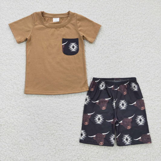 BSSO0148 Brown Short Sleeve Pocket Highland Cow Western Shorts Boys Set