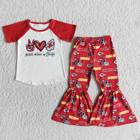 Red Sleeve Peace Love Football Team Girls Set