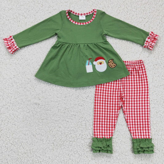 GLP0356 Green Christmas Milk Santa Cookie Embroidery Girls Set