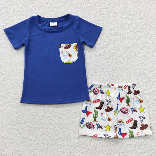 USA SHOP BSSO0225 Blue Short Sleeve Western Cactus Boots Pocket Boys Summer Set
