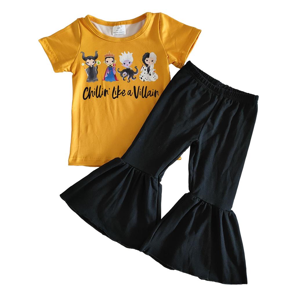 A1-15 Short Sleeve Baby Girls Princess Halloween Top Match Cotton Bell-bottom Pants Sets