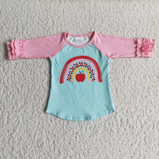 Back To School Pink Ruffles Rainbow Apple Print Girls T-shirts