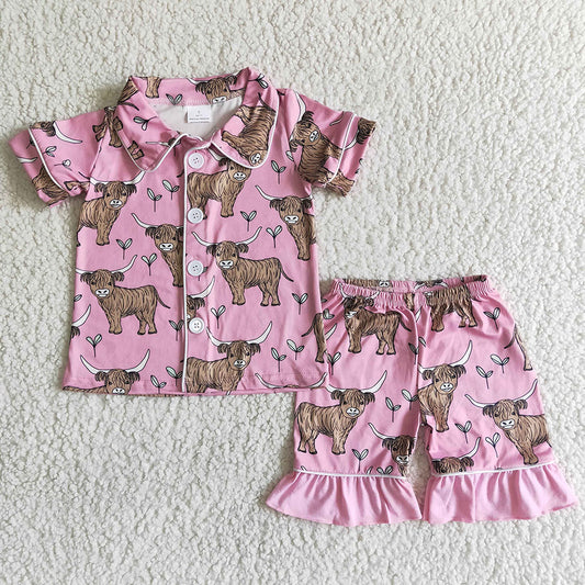 B11-28 Summer Short Sleeve Highland Cow Pink Girls Pajamas