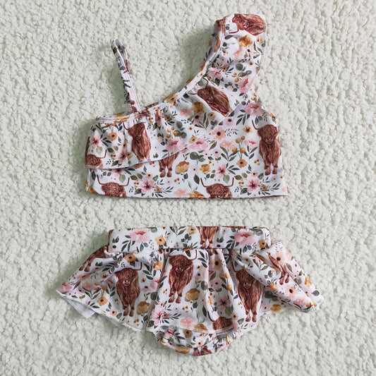 S0017 Highland Cow Print Kids Bathing Suits Swimsuits