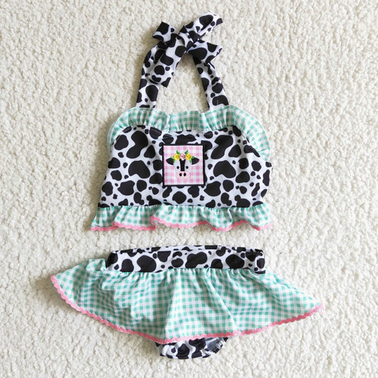 S0005 Cow Print Embroidery Kids Bathing Suits Swimsuits