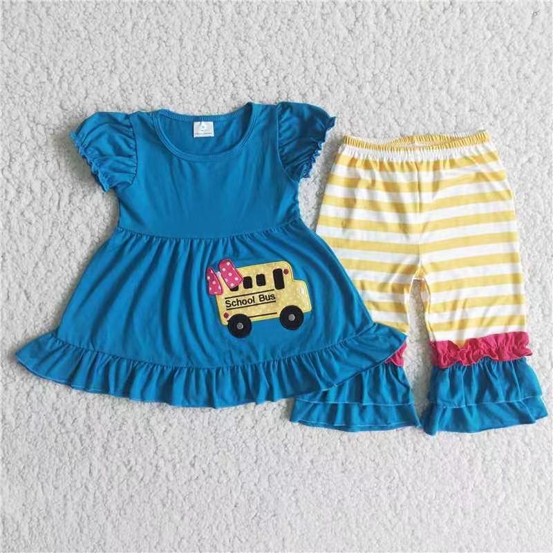 Blue Ruffles Shorts Sleeve Embroidery Cotton Dress Back To School Girls Outfits