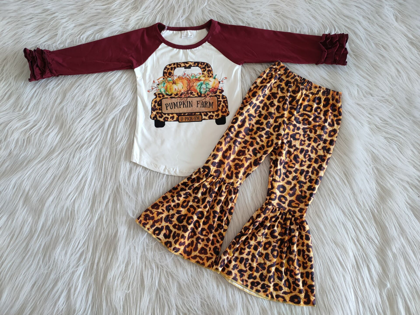 Fall Long Sleeve Pumpkin Truck Match Leopard Print Bell-bottom Pants Sets