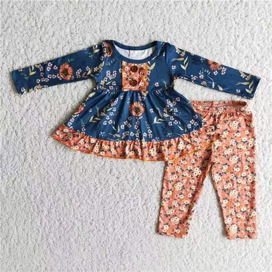 Hot Sale Floral Print Ruffles Fall/Winter Girls Outfits