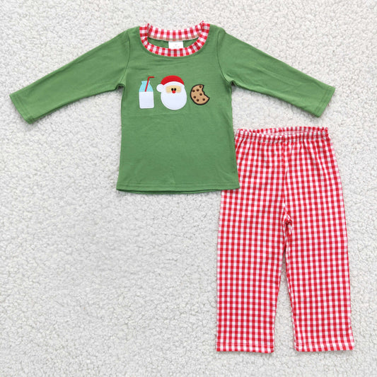 BLP0147 Green Milk Santa Cookie Christmas Embroidery Boys Pajamas
