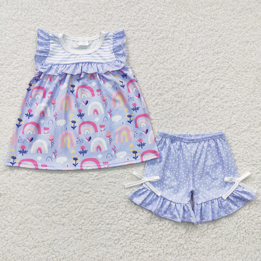 GSSO0214 Purple Rainbow & Flower Sleeveless Summer Girls Set