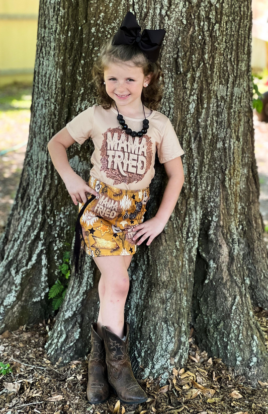 GSD0286 Mama Tried Brown Girls Tassels Skirts Kids Summer Set