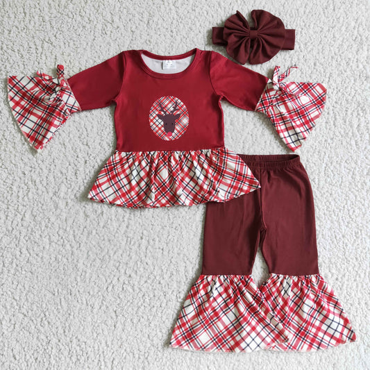 GLP0202 Christmas Deer Plaid Print Wine Red Girls Set