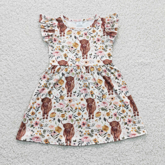 GSD0158 Girls Highland Cow Heifer Flutter Sleeve Dress