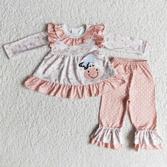 Embroidery Baby Girls Cow Print Outfits