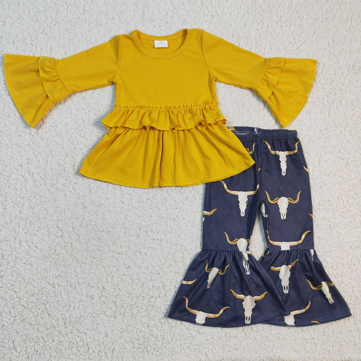 GLP0368 Yellow Ruffle Cow Skull Baby Girls Outfits