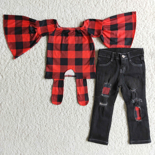 Hot Sale Red Plaid Big Ruffle Adorable Top Match Jeans Kids Outfits