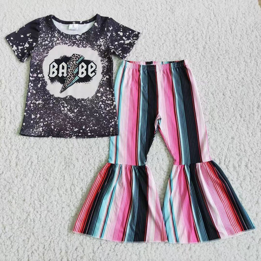 Bleach Design Babe Short Sleeve Match Striped Print Bell-bottom Pants Girls Outfits