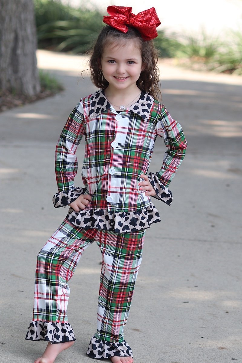 Plaid Print Leopard Print Adorable Girls Pajamas