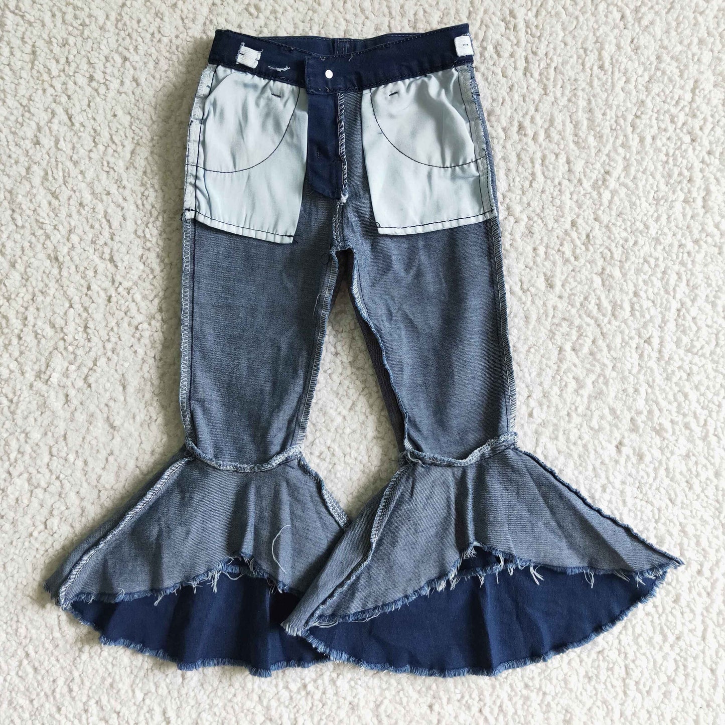 P0007 Blue Double Ruffles Denim Jeans