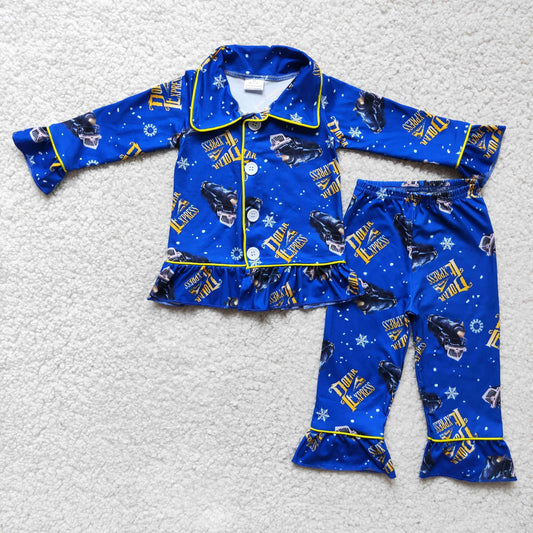 Girls Winter Cartoon Print Blue Pajamas