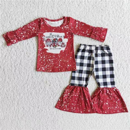 Christmas Long Ruffles Sleeve Bleach Red Design Match Plaid Bell-bottom Pants Kids Clothing