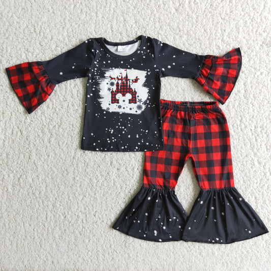 Christmas Cartoon Castle Bleach Design Plaid Bell-bottom Pants Sets