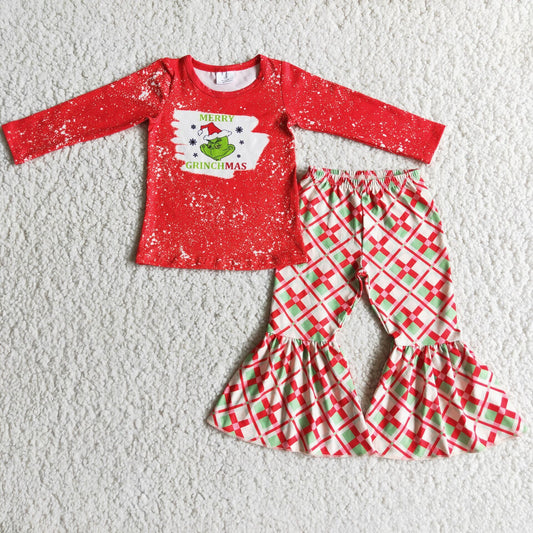 Christmas Red Bleach Design Cartoon Plaid Bell-bottom Pants Kids Outfits