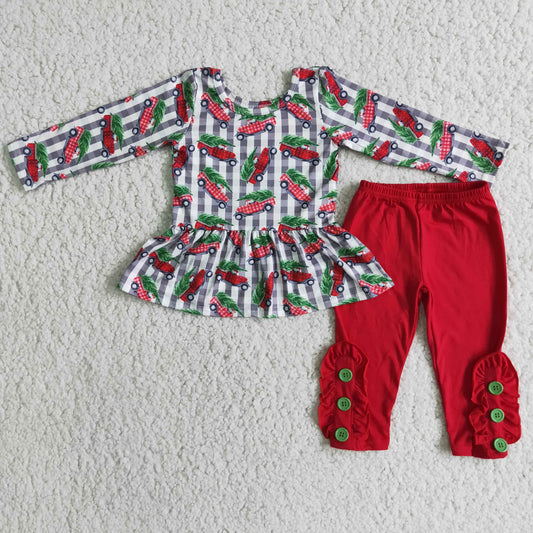 Christmas Tree Print Dress Top Match Red Cotton Button Pants Kids Clothing
