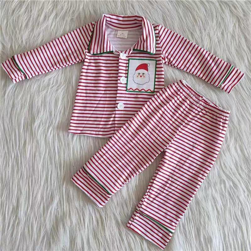 Casual Striped Print Embroidery Santa Boys Cotton Pajamas