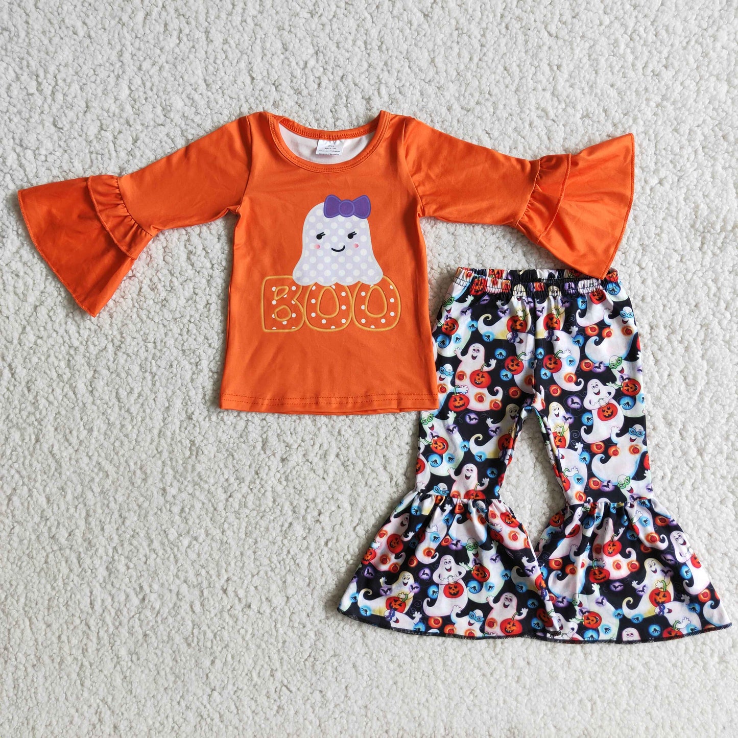 Lovely Ghost Print Big Ruffle Sleeve BOO Pumpkin Print Outfits